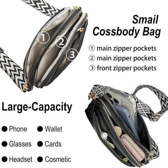 Lightweight Women's Crossbody Bag - Triple Zipper Vegan Leather Handbag, Black - Picture 6 of 6